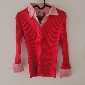 Red Ribbed Sweater with Striped Collar and Cuffs